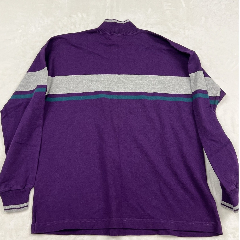 L.L. Bean Mock Neck Shirt Mens Large Purple Grey Stripe Long Sleeve USA Made - Picture 5 of 8